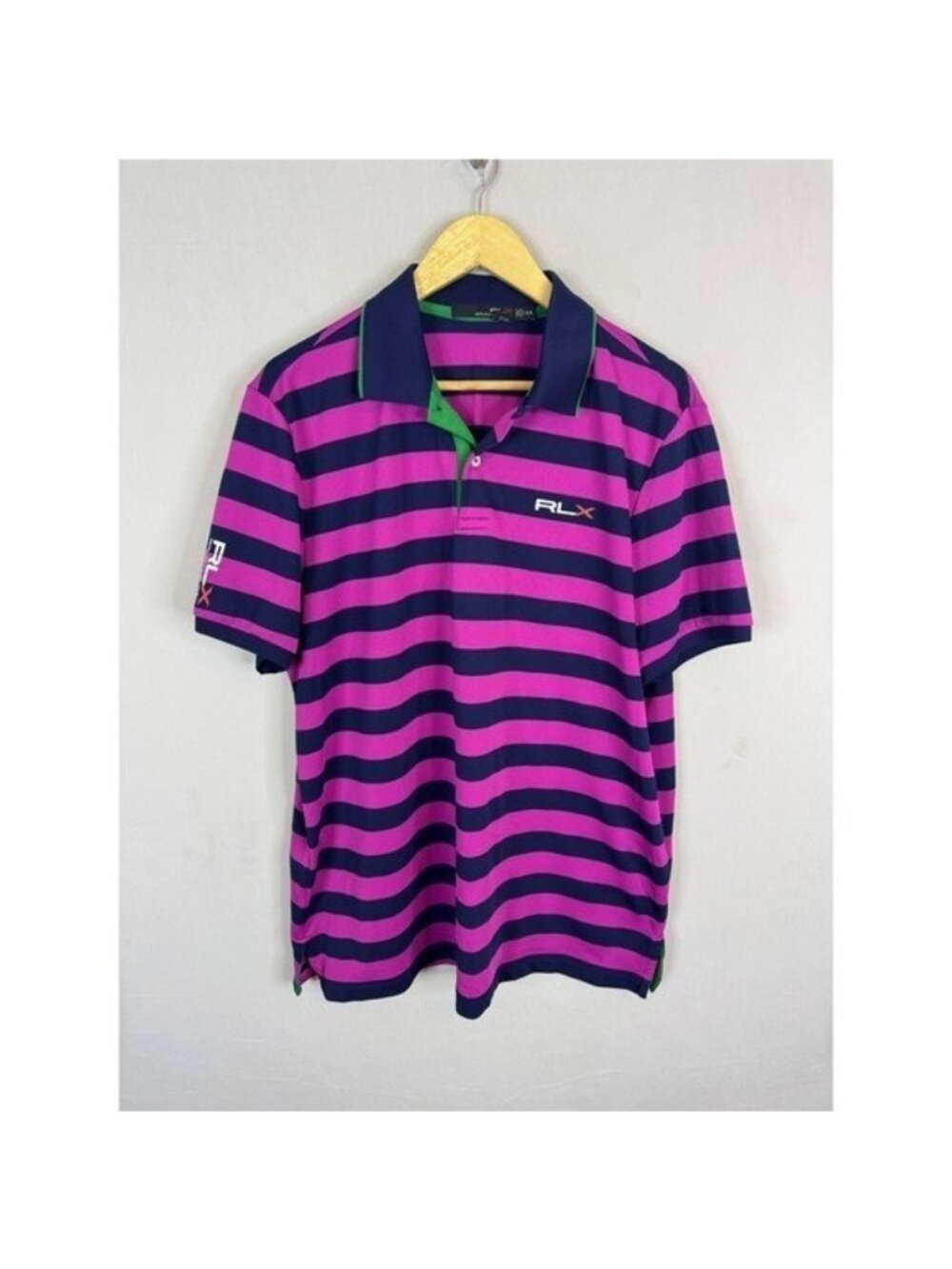 RLX Ralph Lauren Mens XL Striped Performance Polo Shirt Navy Blue Magenta Pink